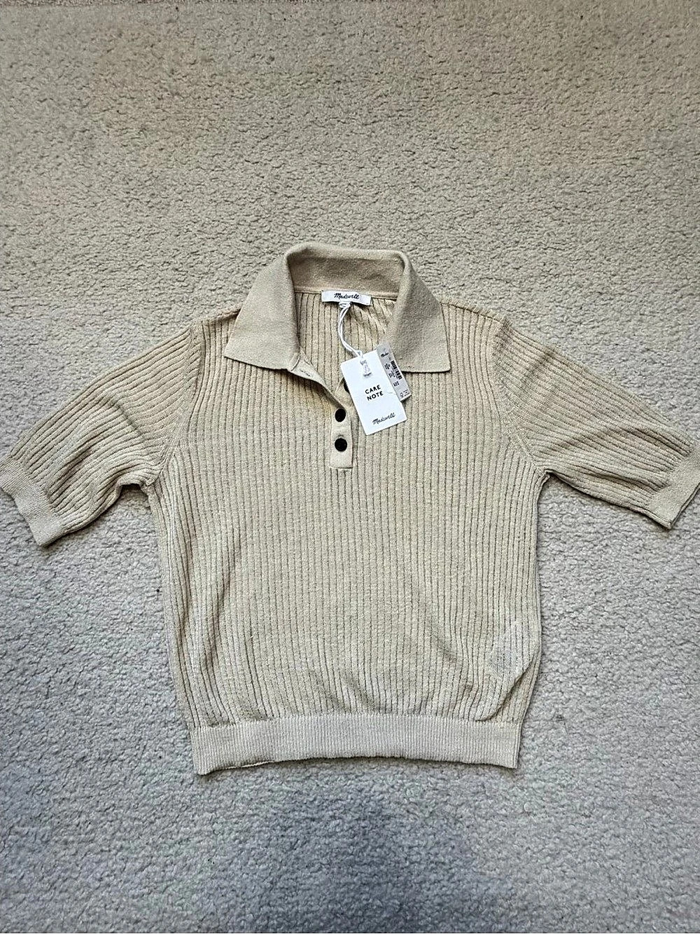 Madewell NWT Ribbed Knit Polo Sweater Top XS Beige Short Sleeve